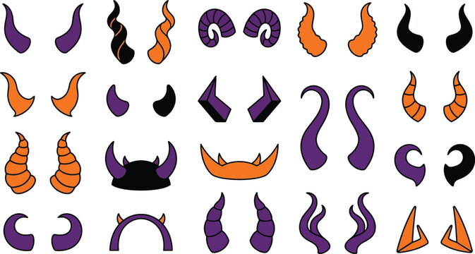 Halloween devil horns and tails in purple, orange, and black