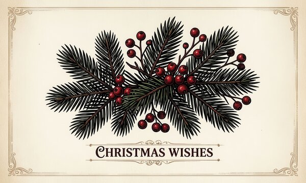 Hand drawn Christmas wreath with berries and greeting card text. Festive holiday decoration for seasonal marketing and print design projects.
