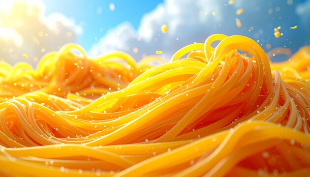 Abstract close up of spaghetti noodles under a bright blue sky with golden sunlight and shimmering particles