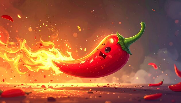 Energetic 3D cartoon red chili pepper zooming through the air with trailing fire and sparks for a spicy food concept