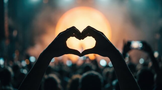 Hands in heart shape silhouette at outdoor music festival concert stage for live entertainment and fan experience marketing