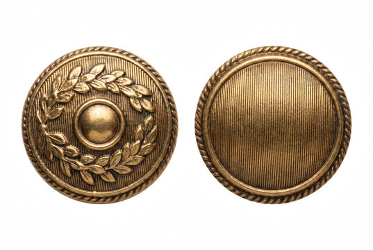 Pair of Ornate Vintage Golden Brass Buttons with Laurel Wreath and Ribbed Patterns