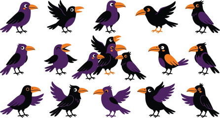 Fototapeta premium A spooky collection of cartoon birds in purple and black for Halloween