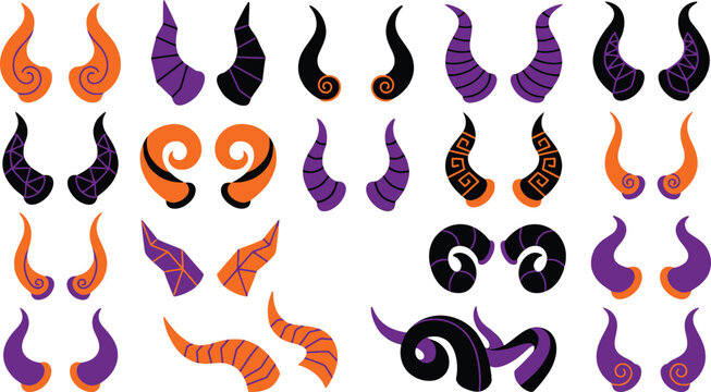 Halloween devil horn graphics in orange, purple, and black