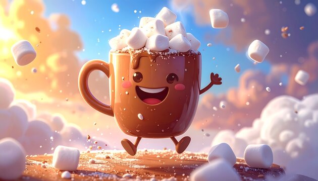 A cheerful hot chocolate mug character joyfully dances amidst floating marshmallows under a warm, vibrant, dreamy sky, creating a whimsical scene of sweet comfort