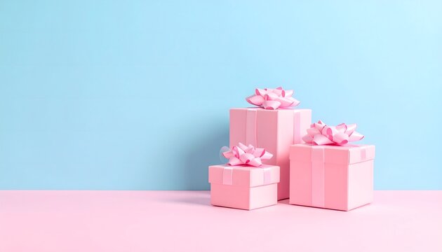 Minimalist pastel pink present boxes with ribbon bows on split blue and pink dual tone background.