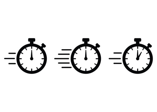 Set of three black stopwatch icons with motion lines representing fast time and urgency in a minimalist style