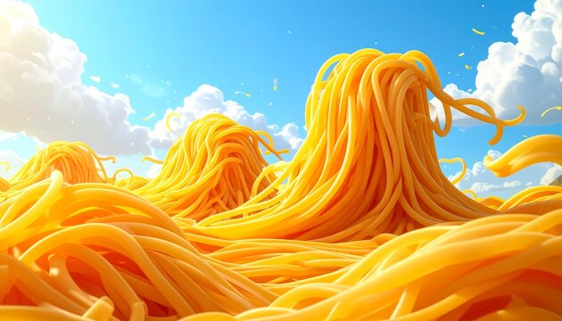 Surreal Landscape of Golden Spaghetti Pasta Hills Under a Clear Blue Sky with Fluffy White Clouds