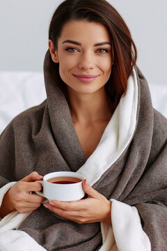Beaming Young Woman Enjoying a Cozy Moment with Hot Beverage, Radiating Warmth and Joy in a Rustic Caf&eacute; Setting