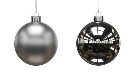 Obraz premium Set of two realistic silver Christmas tree bauble ornaments with a reflective surface isolated on a transparent background for holiday design