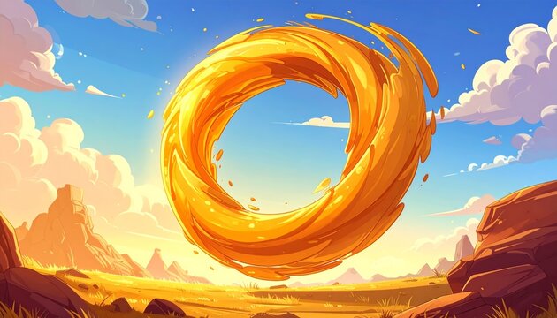 Vibrant Golden Liquid Swirl Forms a Dynamic Ring Levitating Above a Sun-Drenched Desert Landscape Under a Clear Sky Illustration