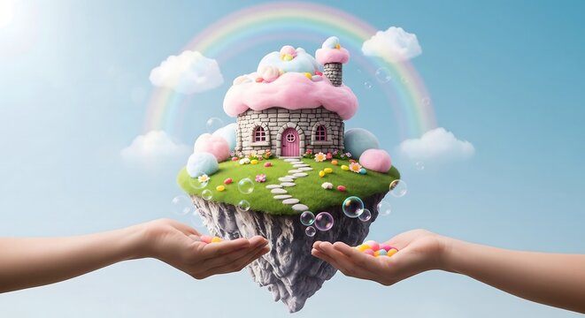 Magical floating island fantasy candy house with rainbow and clouds