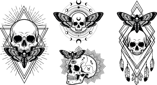 Sacred Geometry Skull and Death Head Moth Tattoo Flash Set Featuring Esoteric Astrology Symbols, Moon Phases, Mandalas, and Mystical Line Art