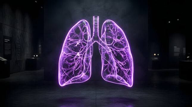 Purple glowing holographic human lungs in dark medical lab.