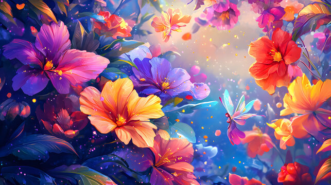 soft floral kawaii wallpaper featuring delicate pastel blossoms Enchanting Floral Fantasy with Vibrant Blossoms and Mystic Butterfly in Dreamlike Surreal Atmosphere