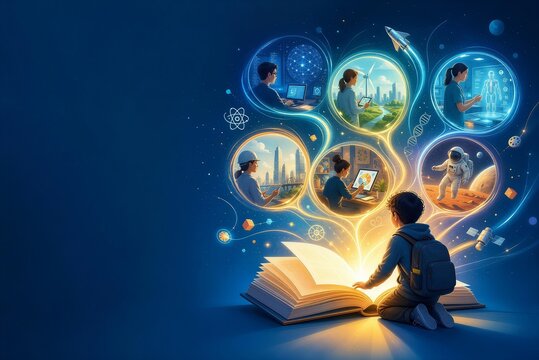Boy with Backpack Discovering STEM Career Paths from Book