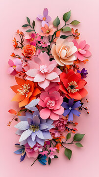 soft floral kawaii wallpaper featuring delicate pastel blossoms Vibrant Paper Flower Bouquet Art with Pastel Pink Background for Niche Decorative Craft Design