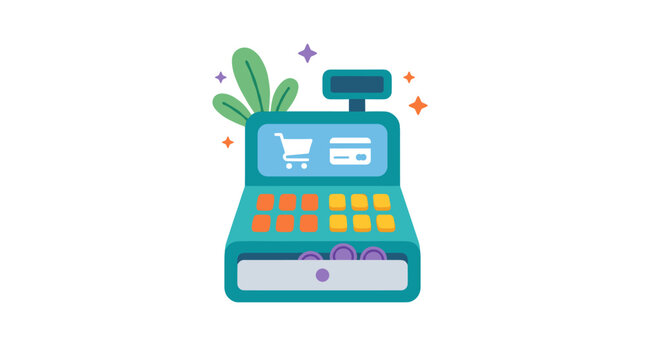 Vector illustration of a teal electronic cash register with an open drawer containing coins, featuring a digital screen with shopping cart and credit card icons and decorative stars.