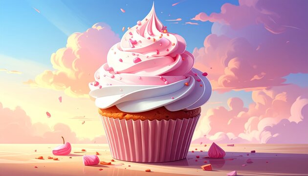 Delicious pink cupcake with swirls of white and pink cream and sweet sprinkles against a dreamy pastel sunset sky background