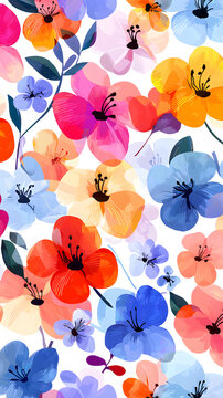soft floral kawaii wallpaper featuring delicate pastel blossoms Vibrant Floral Art Illustration with Colorful Bold Abstract Flowers in Watercolor Style for Contemporary Home Decor