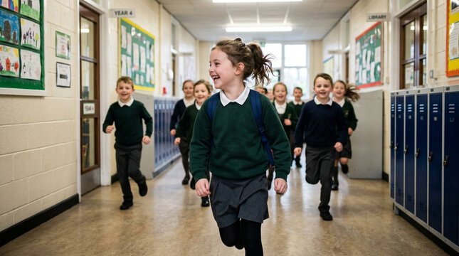 Group of happy primary school children in green uniforms running down a hallway between lockers.