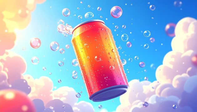 Vibrant beverage can floating effortlessly amidst a whimsical sky filled with fluffy pastel clouds and sparkling effervescent bubbles, capturing a refreshing and dreamy summer essence