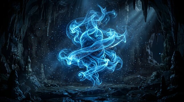 Glowing ethereal blue ghostly entity floating in the center of a dark mysterious subterranean cavern with rocky textures and dim atmospheric lighting ethereal supernatural mysterious