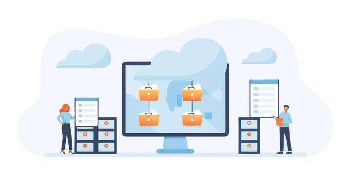 team managing security files flat vector illustration cloud computer monitor folder data protection privacy network technology business cybersecurity workplace collaboration digital storage server