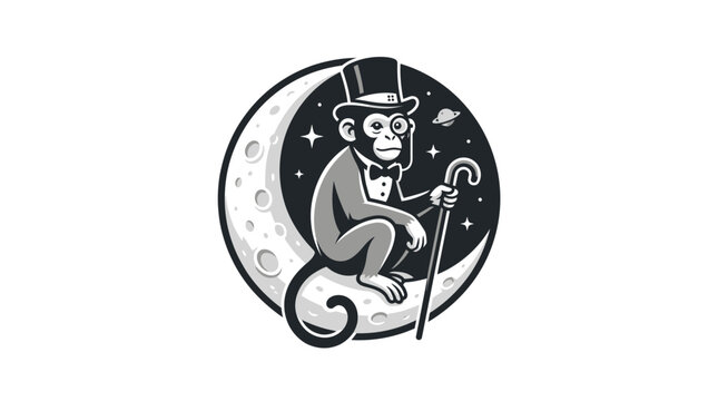 Formal monkey sitting inside moon circle.