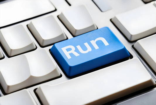 Blue run button on a computer keyboard, close up view of a single key for execution and command, this close up view of a single key highlights the of starting a process or launching a program