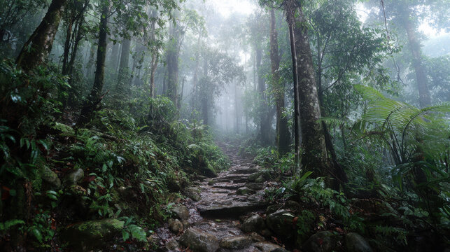 Stone pathway leads into the deep heart of a rain-drenched jungle shrouded in thick morning fog.