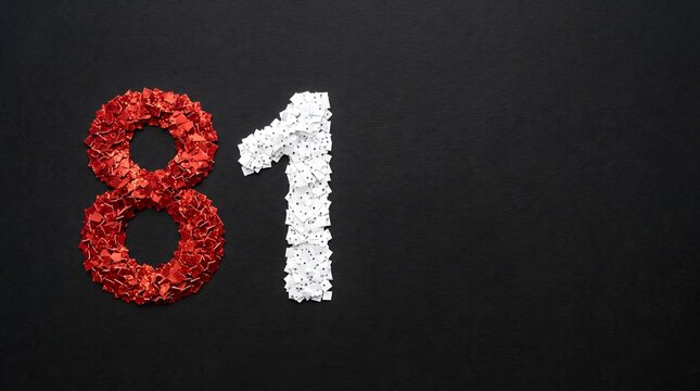 81 Number Creative Typography with Red and White Confetti Minimalist Black Background