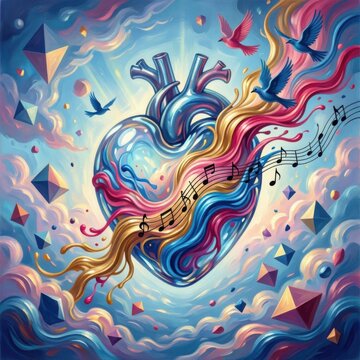 Artistic human heart anatomy illustration with flowing hair and vibrant colors. Creative medical concept design for healthcare education and emotio...
