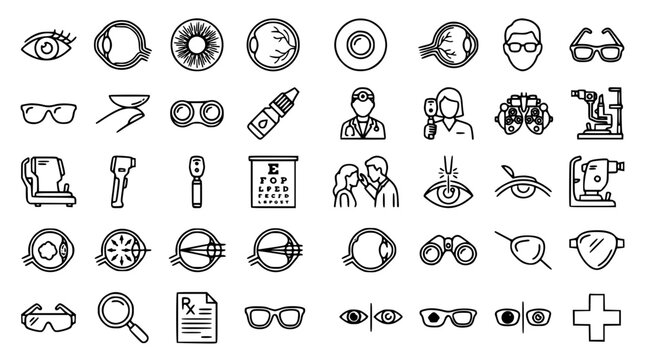 Optometry and ophthalmology line icon set featuring human eyes eyeglasses prescription eye charts medical drops cataract surgery and vision examination medical tools vectors