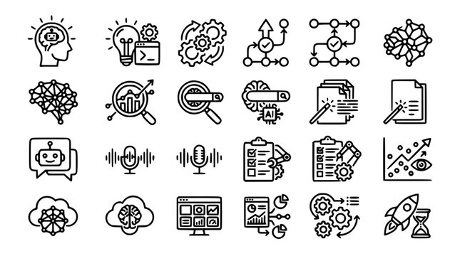 Artificial intelligence and machine learning line icon set featuring neural networks chatbots cloud computing automation workflows big data processing and rocket startup vectors