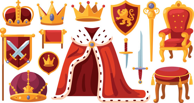 Royal King and Queen Element Set with Golden Crowns, Red Robe, Swords, Shields, Scepter, and Throne for Medieval Graphic Designs and Fantasy Media