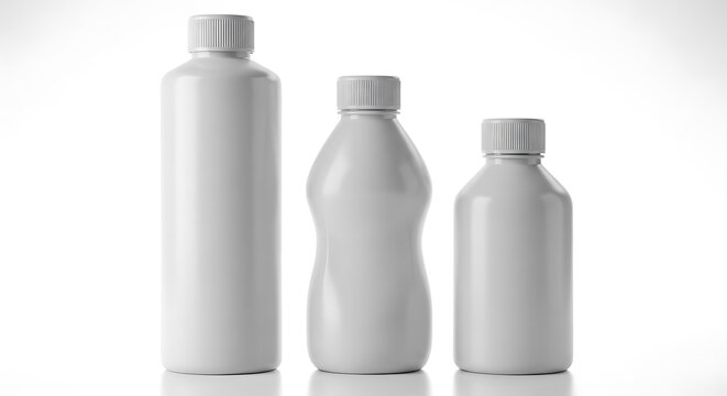 Three blank white plastic bottles of varying sizes and shapes container