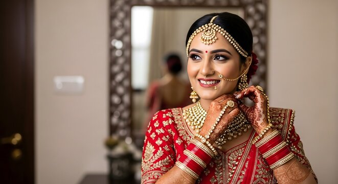 Beautiful Indian bride wearing traditional red wedding lehenga and jewelry