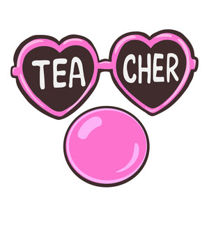 Cute teacher heart sunglasses with bubble gum cartoon illustration isolated on transparent background