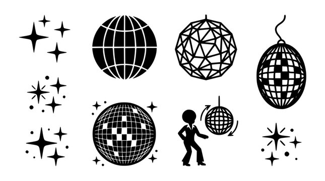 Disco Ball and Sparkle Star Silhouette Icon Set Featuring Geometric Mirror Spheres, Retro 1970s Dancer, Twinkling Lights, and Party Event Design Elements