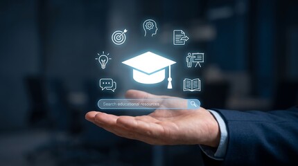 Fototapeta premium Professional hand showing glowing graduation cap icon as part of digital educational interface for academic search and professional development in modern workspace