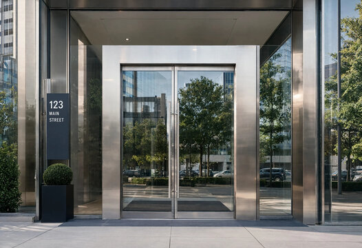 Modern building entrance with glass and metal doors
