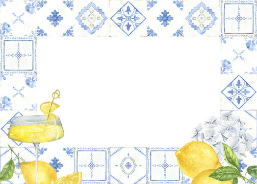 Watercolor frame with Italian tiles, lemons, hydrangeas and Lemon Drop martini. Hand painted Mediterranean border for menus, restaurants, beach weddings and recipes.