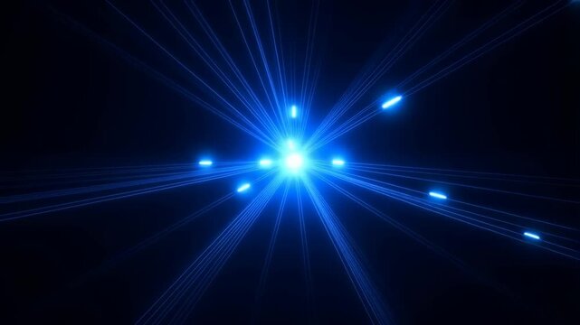 Glowing blue data pulses radiate outward from a central network node along dozens of fiber optic connection lines. Digital network visualization concept