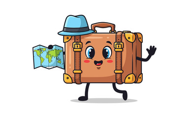 Fototapeta premium Cartoon Suitcase Character with Map Vector Illustration