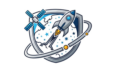 Space Rocket and Satellite Shield Badge © Pratama