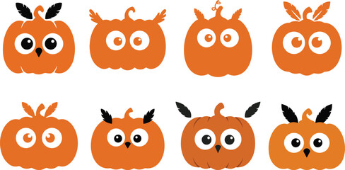 Fototapeta premium Set of cute pumpkin characters with owl eyes and feather ears, orange and black autumn harvest for halloween decoration themes.