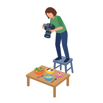 Food Photographer Captures Delicious Meal with Camera, Isometric Illustration