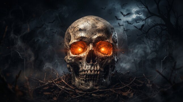 A haunting Halloween skull illustration with glowing orange eyes, cracked bone texture, dark smoke, and subtle bats in the background, cinematic lighting, 8k.