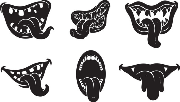 Set of six black monster mouth silhouettes with long tongues and sharp teeth isolated on a white background, for horror themes.